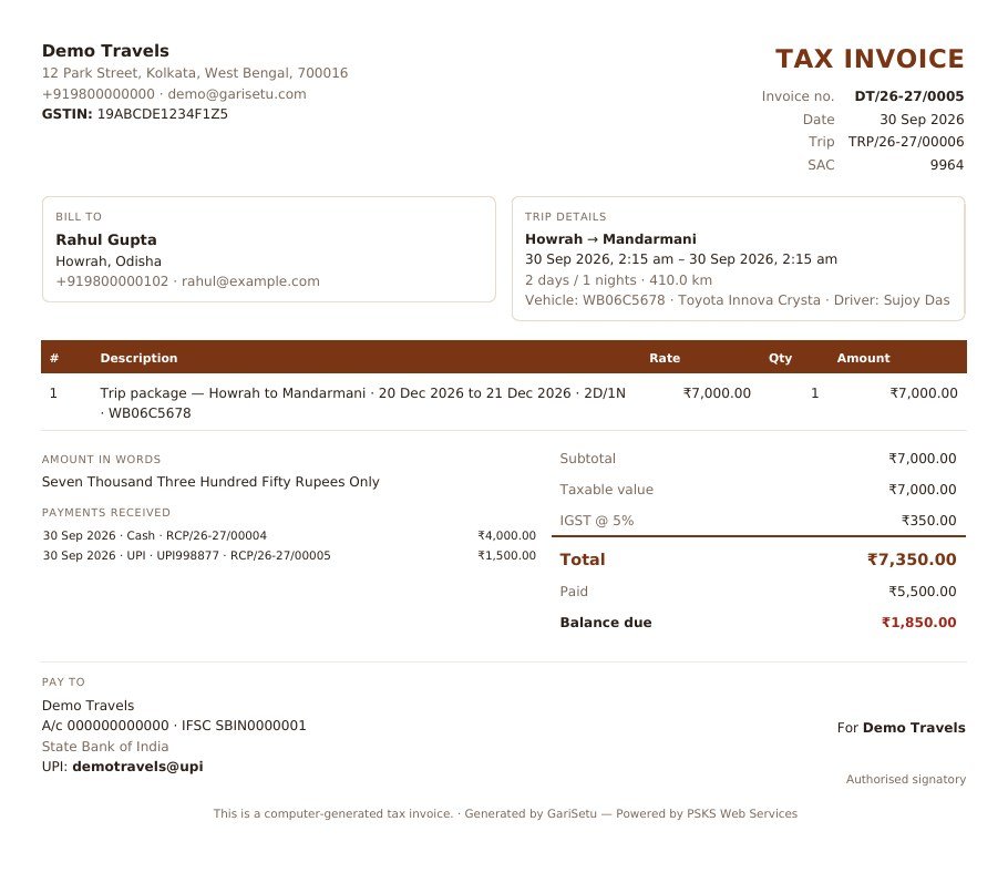 Sample GariSetu tax invoice